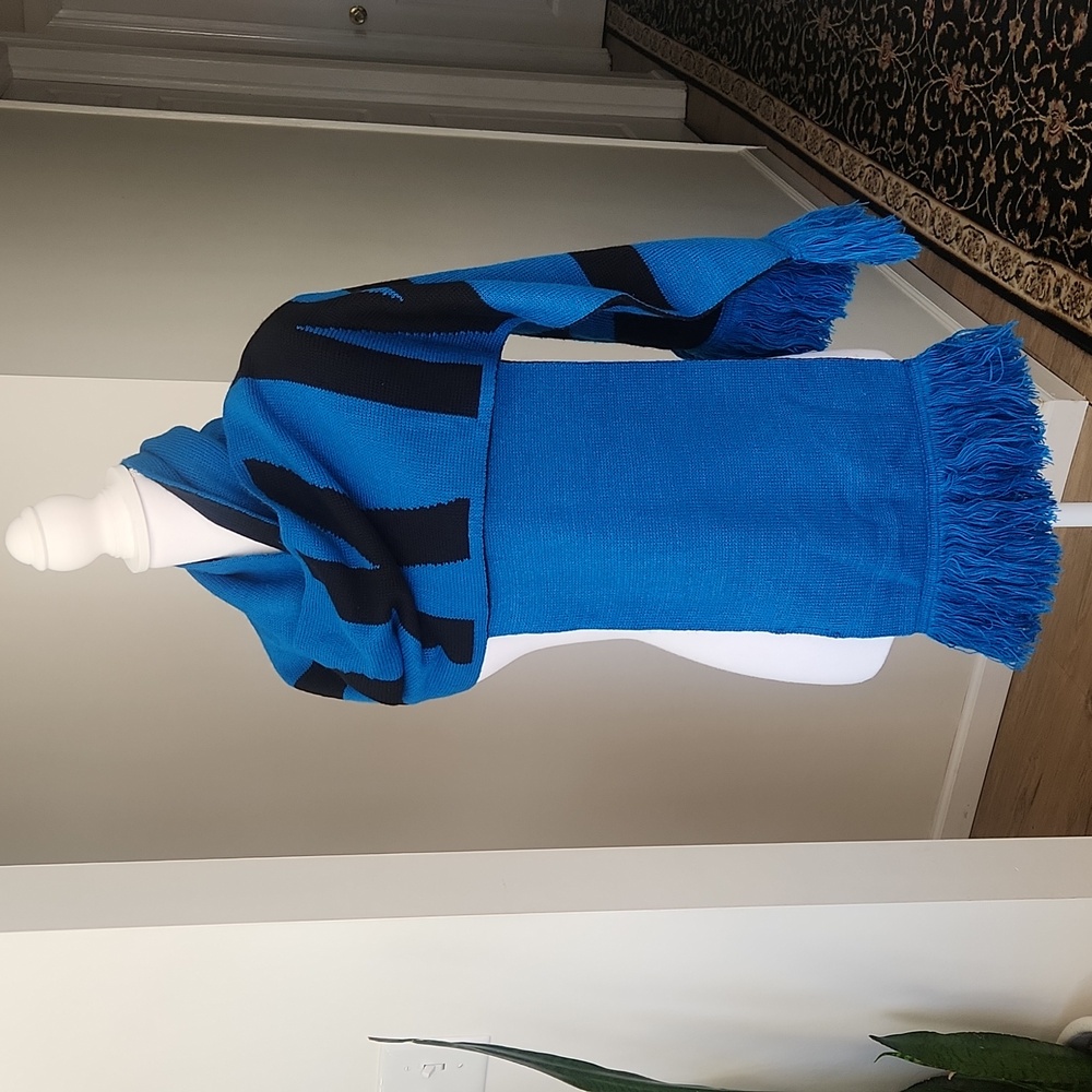 DKNY Womens BOLD Logo Fringe Scarf Wrap Black Blue One Size - Picture 4 of 12